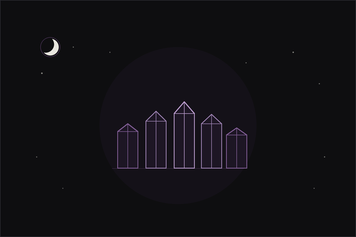 Best crystals for beginners: a neat row of five different crystals on a starlit night, a starter set.