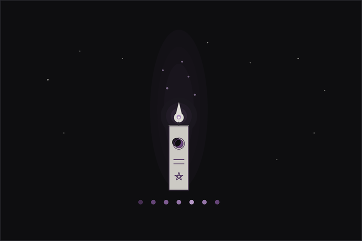 Candle magic: a lit candle carved with sigils, its flame glowing beneath a crescent moon, with a row of coloured lights below