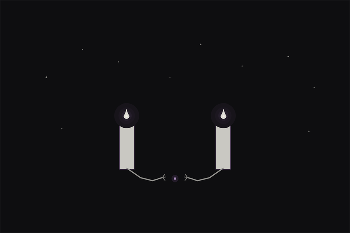 Cord cutting ritual with candles: two lit candles linked by a twine that has been cut in the middle