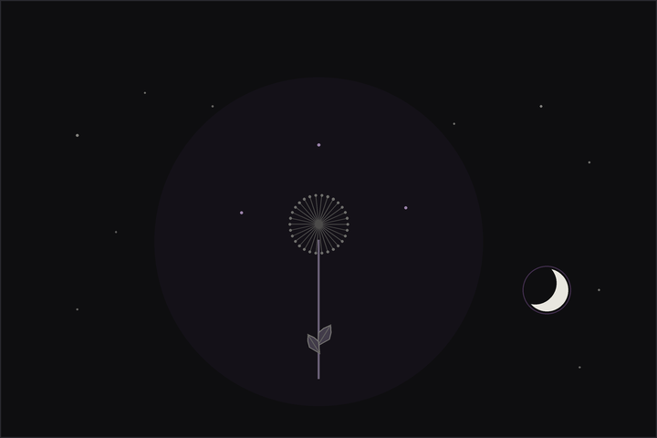 Dandelion meaning and uses: a golden dandelion flower and silvery seed blowball beneath a crescent moon, in the Lunar Haus style