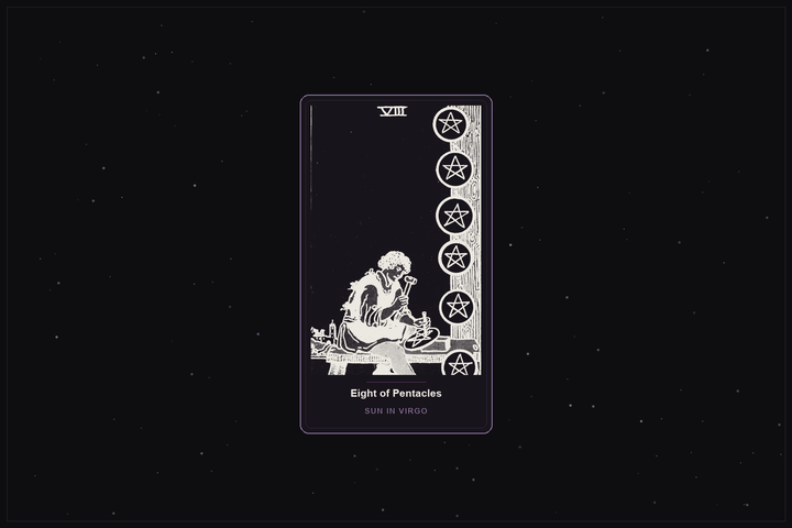 Eight of Pentacles tarot card in the Lunar Haus style: the classic Rider-Waite Eight of Pentacles, a craftsman carving coins, rendered as off-white outlines on a dark, starlit card with a plum frame
