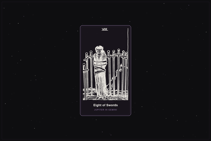Eight of Swords tarot card in the Lunar Haus style: the classic Rider-Waite Eight of Swords, a bound and blindfolded figure among swords, rendered as off-white outlines on a dark, starlit card with a plum frame