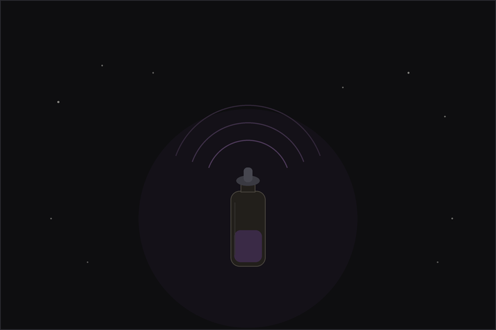Essential oils for panic attacks: a dropper bottle with gentle calming waves radiating upward, a grounding scent under a crescent moon.