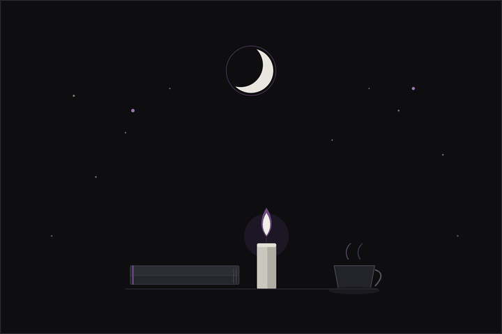 Evening ritual: a candle, a closed book and a warm cup beneath a crescent moon