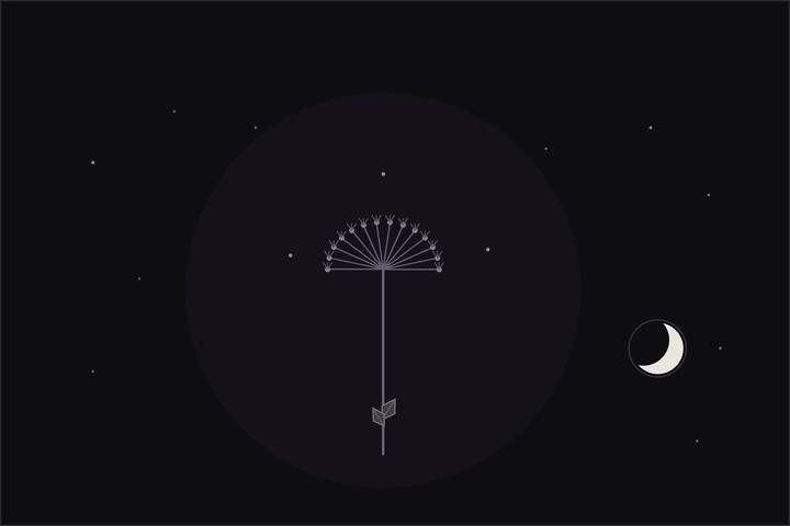 Fennel meaning and uses: feathery fennel fronds and golden seed umbels beneath a crescent moon, in the Lunar Haus style