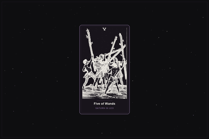 Five of Wands tarot card in the Lunar Haus style: the classic Rider-Waite Five of Wands, five youths brandishing staves, rendered as off-white outlines on a dark, starlit card with a plum frame
