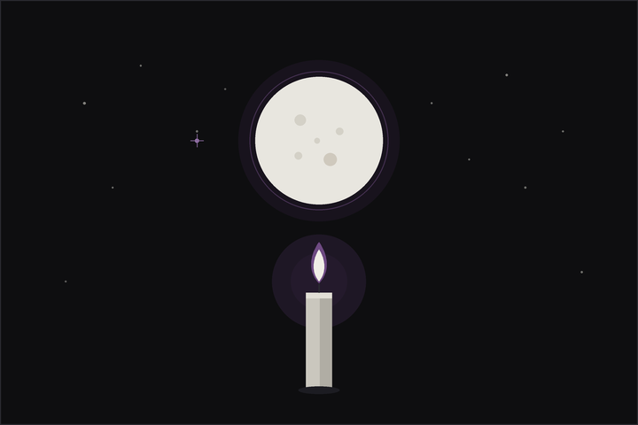 Full moon prayer: a lit candle with a plum flame beneath a full moon
