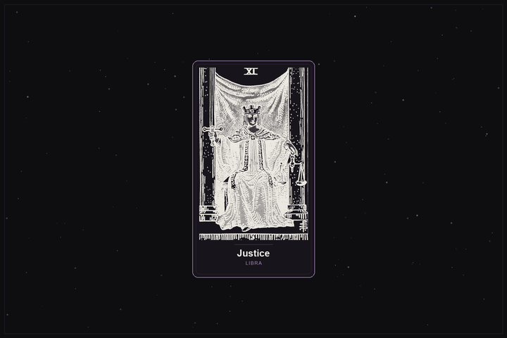 Justice tarot card in the Lunar Haus style: the classic Rider-Waite Justice card rendered as off-white outlines on a dark, starlit card with a plum frame