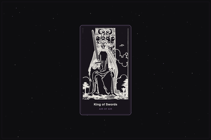 King of Swords tarot card in the Lunar Haus style: the classic Rider-Waite King of Swords on a throne with an upright sword, rendered as off-white outlines on a dark, starlit card with a plum frame