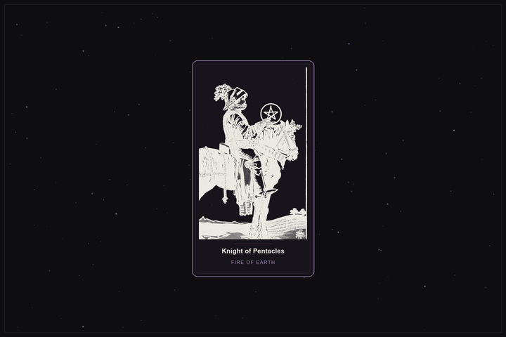 Knight of Pentacles tarot card in the Lunar Haus style: the classic Rider-Waite Knight of Pentacles on a sturdy horse, rendered as off-white outlines on a dark, starlit card with a plum frame