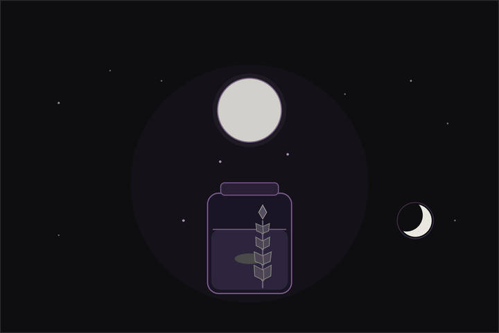 A covered glass jar of moon water on a windowsill with rosemary and a crystal beside it under a full moon, in the Lunar Haus style