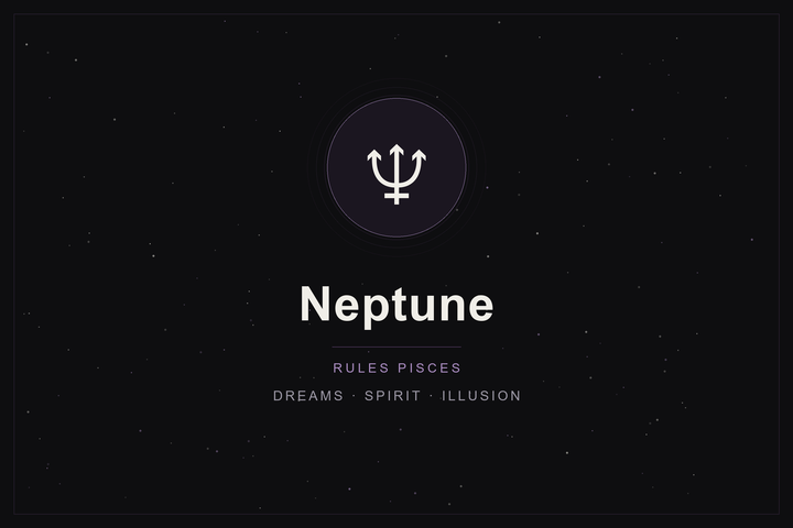 Neptune in astrology: the Neptune glyph in a plum-ringed disc on a dark, starlit sky