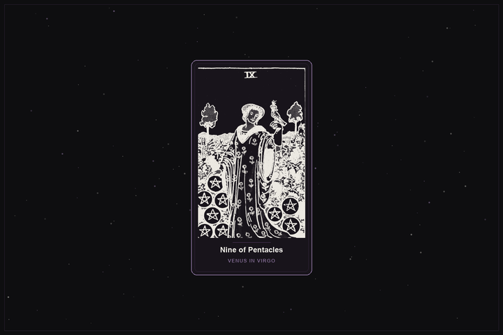 Nine of Pentacles tarot card in the Lunar Haus style: the classic Rider-Waite Nine of Pentacles, a woman with a bird in a lush vineyard, rendered as off-white outlines on a dark, starlit card with a plum frame