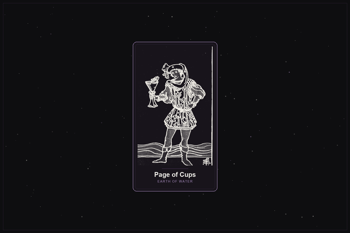 Page of Cups tarot card in the Lunar Haus style: the classic Rider-Waite Page of Cups with a fish rising from a cup, rendered as off-white outlines on a dark, starlit card with a plum frame