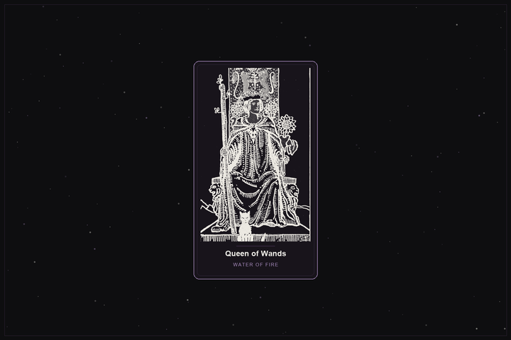Queen of Wands tarot card in the Lunar Haus style: the classic Rider-Waite Queen of Wands with a staff and sunflower, rendered as off-white outlines on a dark, starlit card with a plum frame