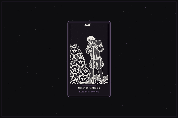 Seven of Pentacles tarot card in the Lunar Haus style: the classic Rider-Waite Seven of Pentacles, a figure leaning on a staff regarding his crop, rendered as off-white outlines on a dark, starlit card with a plum frame