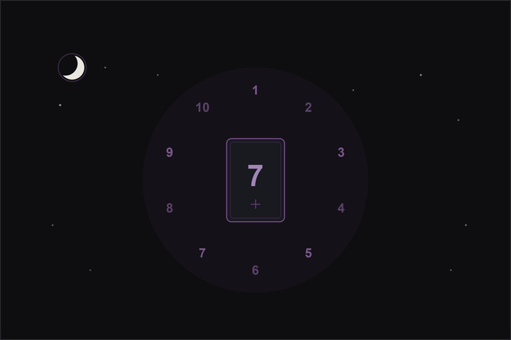 Tarot number meanings: a tarot card marked with a plum number, circled by the numbers one to ten on a starlit night sky.