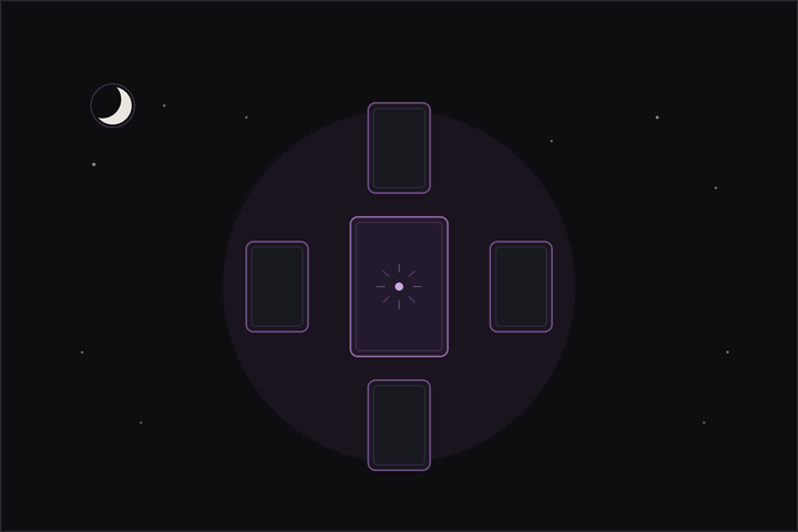 Tarot significator: a single highlighted tarot card at the centre of a small spread under a crescent moon.