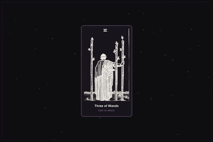 Three of Wands tarot card in the Lunar Haus style: the classic Rider-Waite Three of Wands, a figure watching ships from a cliff, rendered as off-white outlines on a dark, starlit card with a plum frame