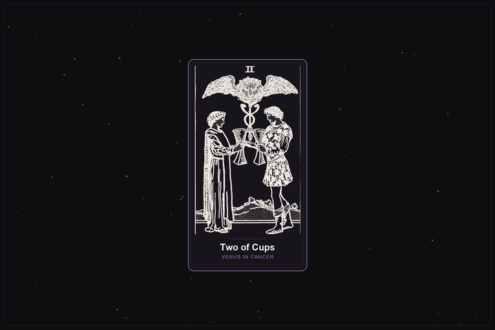 Two of Cups tarot card in the Lunar Haus style: the classic Rider-Waite Two of Cups, two figures pledging cups, rendered as off-white outlines on a dark, starlit card with a plum frame
