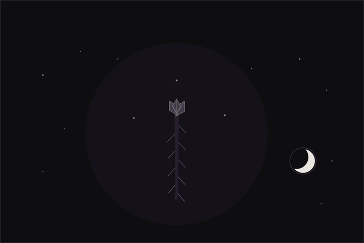 Valerian meaning and uses: a tall valerian plant with pink flower clusters and its root beneath a crescent moon, in the Lunar Haus style