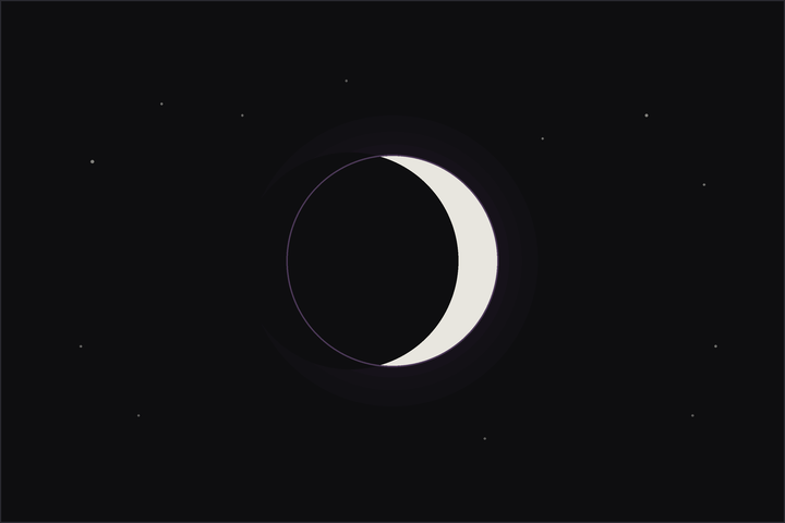 Waxing crescent moon meaning: a thin, growing crescent moon glowing among stars.