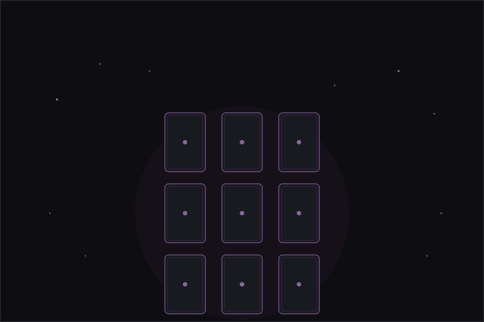 Nine-card tarot spread: a three by three grid of tarot cards beneath a crescent moon