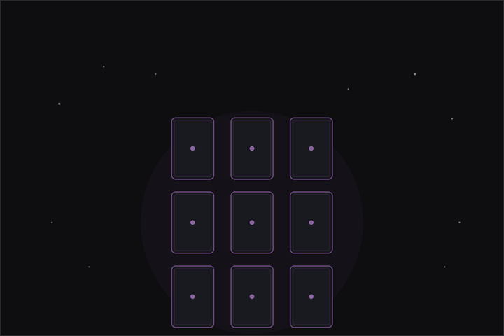 Nine-card tarot spread: a three by three grid of tarot cards beneath a crescent moon