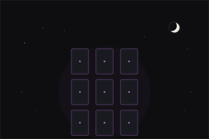 Nine-card tarot spread: a three by three grid of tarot cards beneath a crescent moon