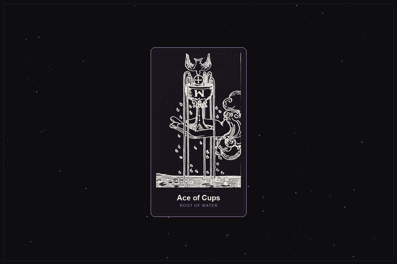 Ace of Cups tarot card in the Lunar Haus style: the classic Rider-Waite Ace of Cups, a hand holding an overflowing chalice, rendered as off-white outlines on a dark, starlit card with a plum frame