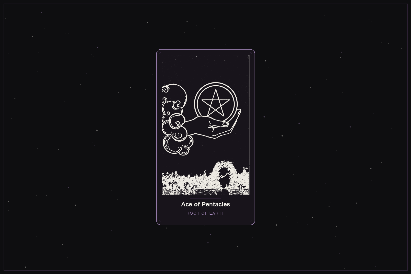 Ace of Pentacles tarot card in the Lunar Haus style: the classic Rider-Waite Ace of Pentacles, a hand holding a golden pentacle, rendered as off-white outlines on a dark, starlit card with a plum frame