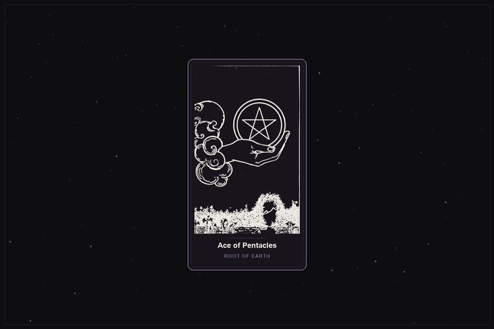 Ace of Pentacles tarot card in the Lunar Haus style: the classic Rider-Waite Ace of Pentacles, a hand holding a golden pentacle, rendered as off-white outlines on a dark, starlit card with a plum frame