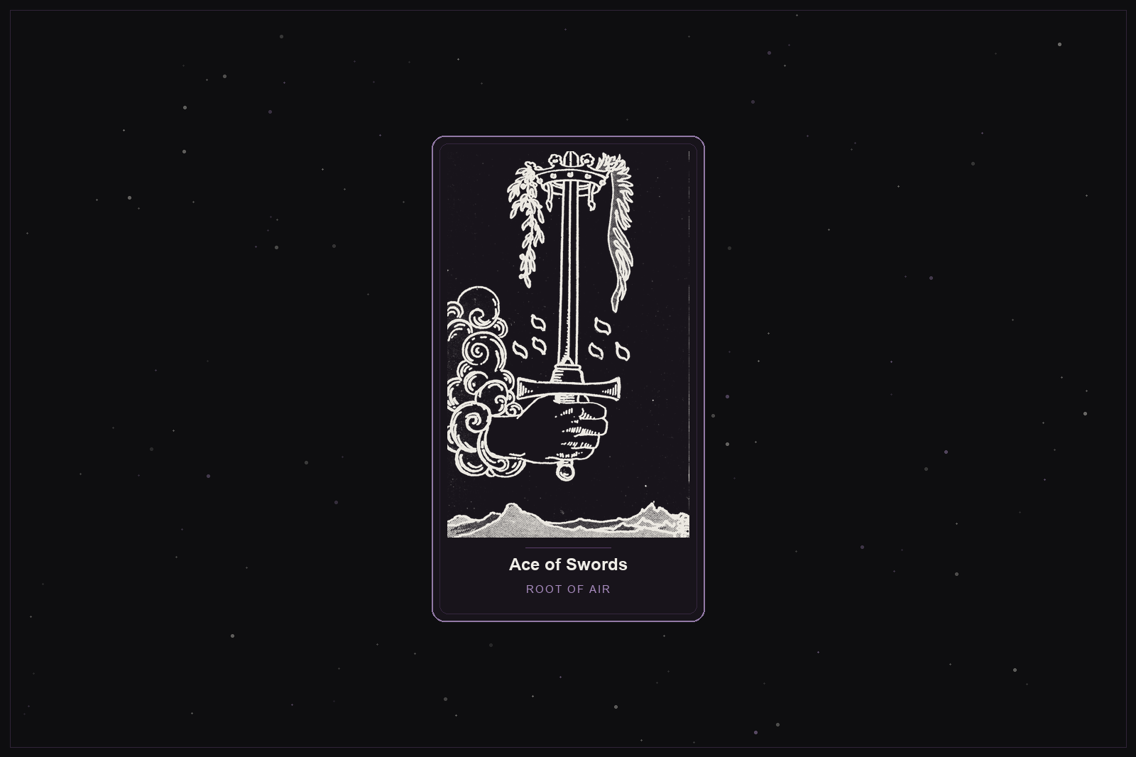Ace of Swords tarot card in the Lunar Haus style: the classic Rider-Waite Ace of Swords, a hand holding a crowned sword, rendered as off-white outlines on a dark, starlit card with a plum frame