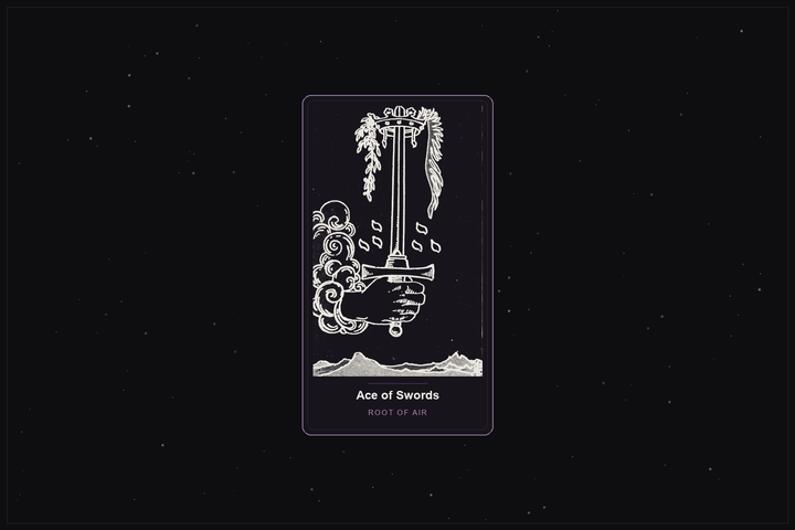 Ace of Swords tarot card in the Lunar Haus style: the classic Rider-Waite Ace of Swords, a hand holding a crowned sword, rendered as off-white outlines on a dark, starlit card with a plum frame
