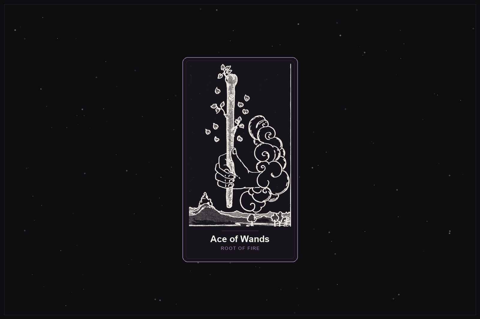 Ace of Wands tarot card in the Lunar Haus style: the classic Rider-Waite Ace of Wands, a hand holding a sprouting wand, rendered as off-white outlines on a dark, starlit card with a plum frame
