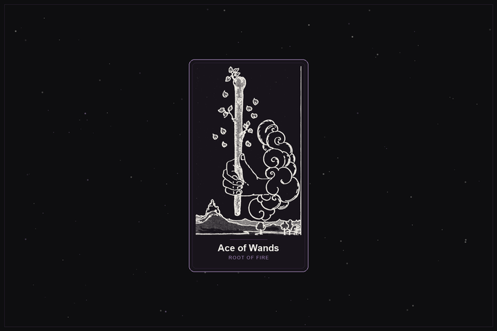 Ace of Wands tarot card in the Lunar Haus style: the classic Rider-Waite Ace of Wands, a hand holding a sprouting wand, rendered as off-white outlines on a dark, starlit card with a plum frame
