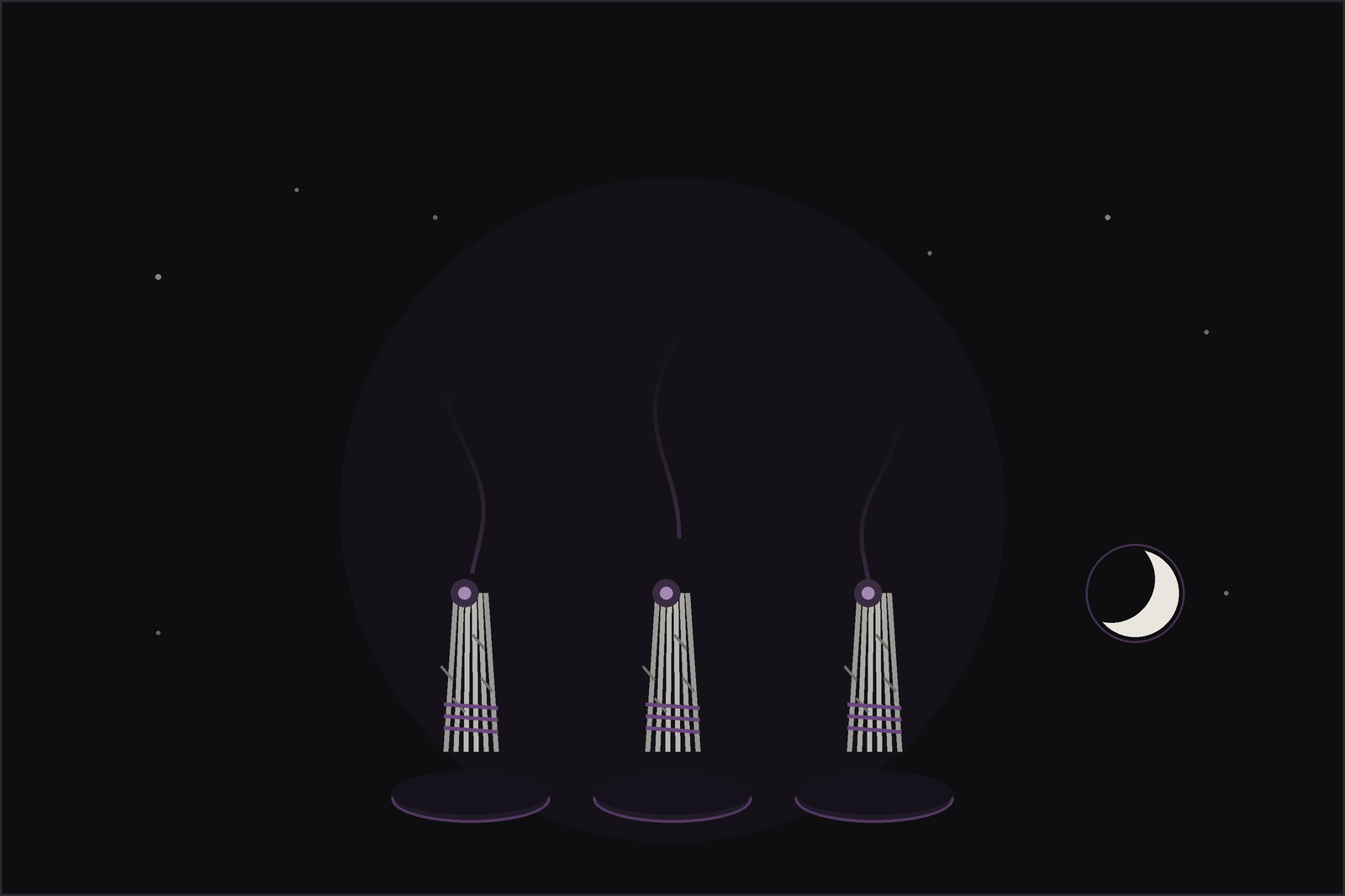 Alternatives to white sage: a row of three garden-herb bundles rising with pale smoke beneath a crescent moon, in the Lunar Haus style