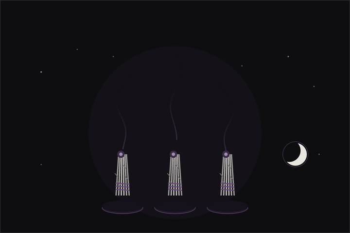 Alternatives to white sage: a row of three garden-herb bundles rising with pale smoke beneath a crescent moon, in the Lunar Haus style