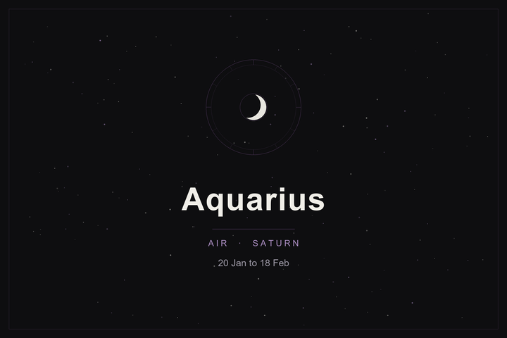 Aquarius star sign: the water-bearer's zodiac wheel and a crescent moon over a dark, starlit sky