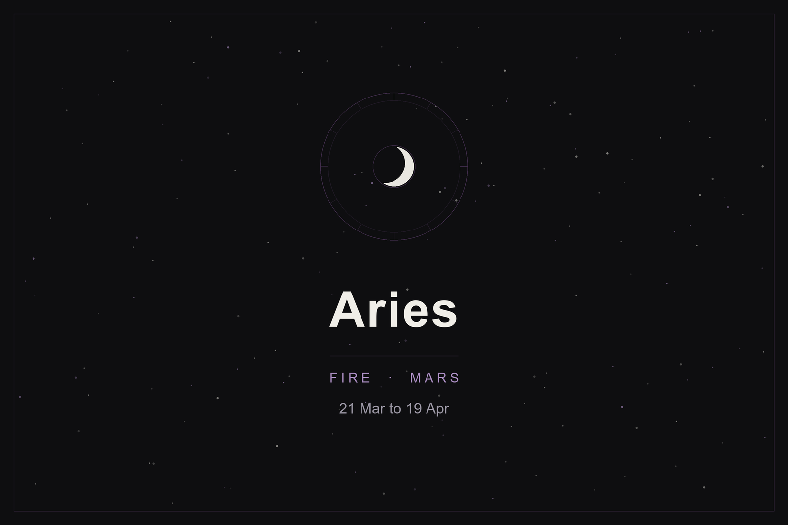 Aries star sign: the ram's zodiac wheel and a crescent moon over a dark, starlit sky