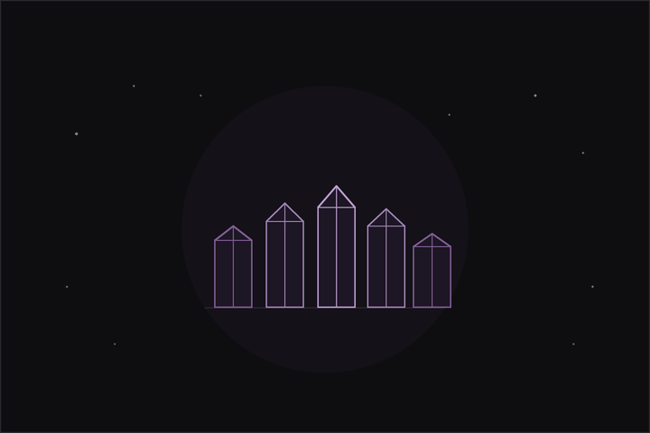 Best crystals for beginners: a neat row of five different crystals on a starlit night, a starter set.