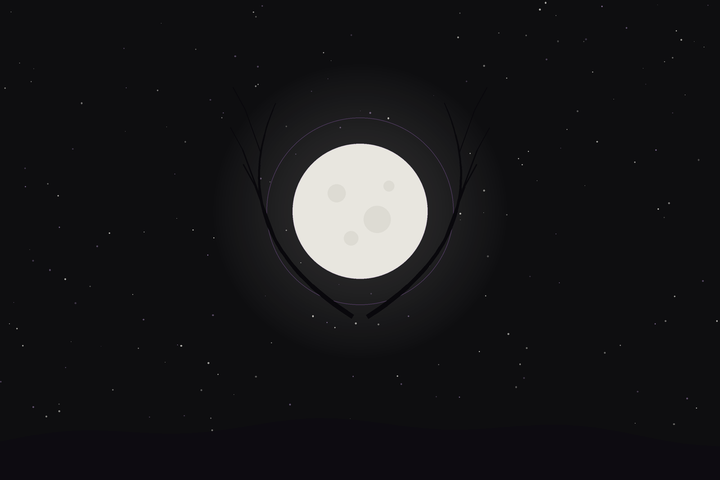 Buck Moon: a full moon cradled by antlers against a starry sky