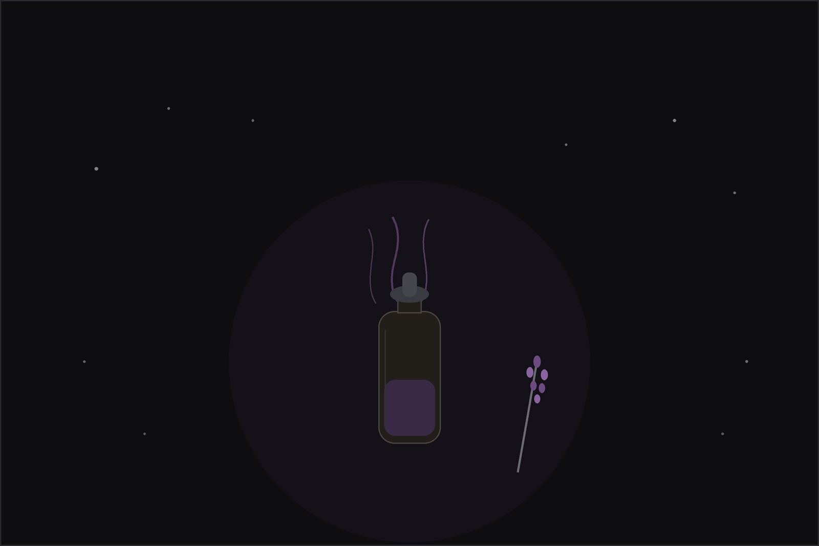 Calming oils for stress and overwhelm: a dropper bottle of essential oil with soft plum mist rising and a lavender sprig, under a crescent moon.