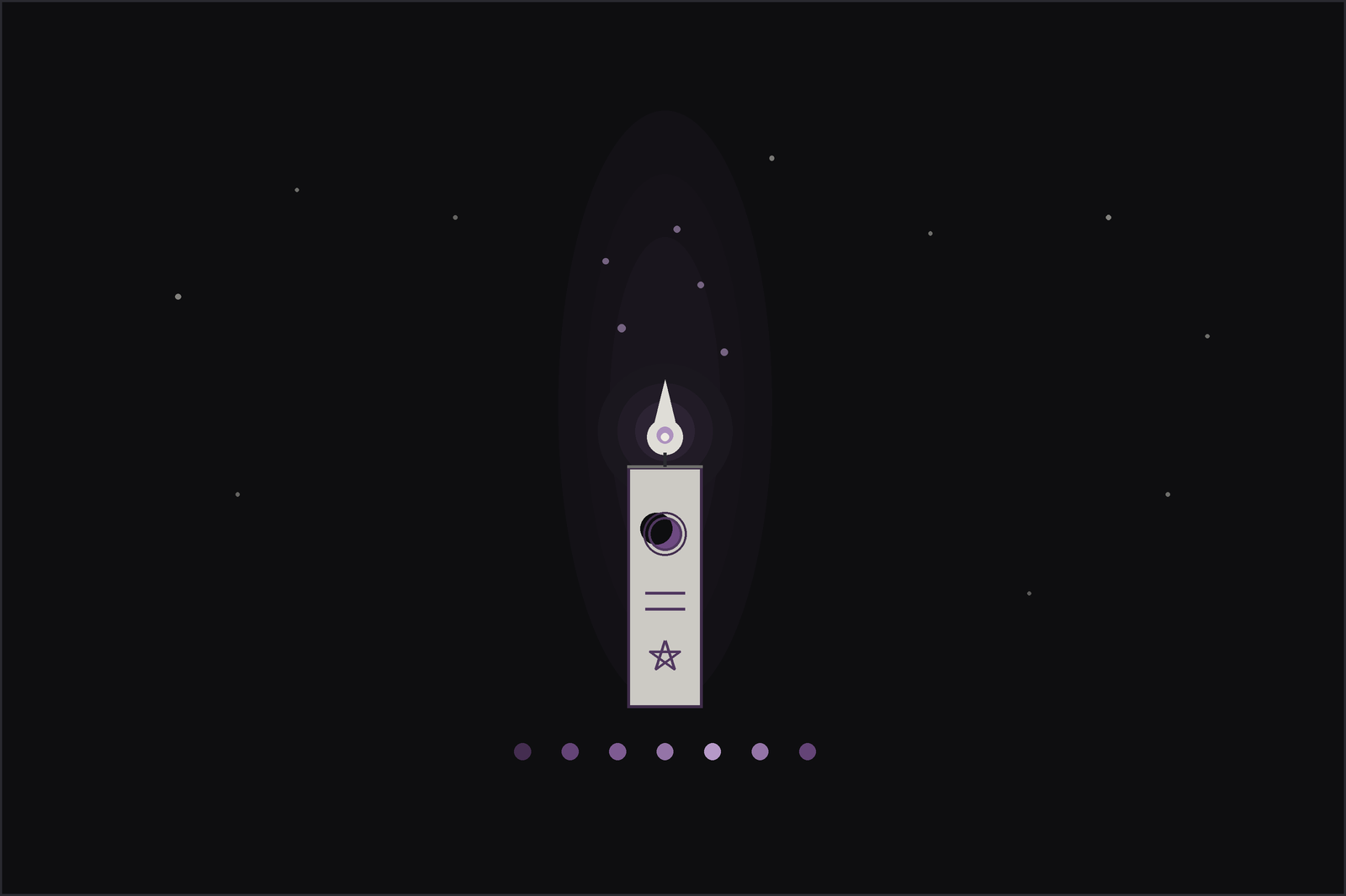 Candle magic: a lit candle carved with sigils, its flame glowing beneath a crescent moon, with a row of coloured lights below