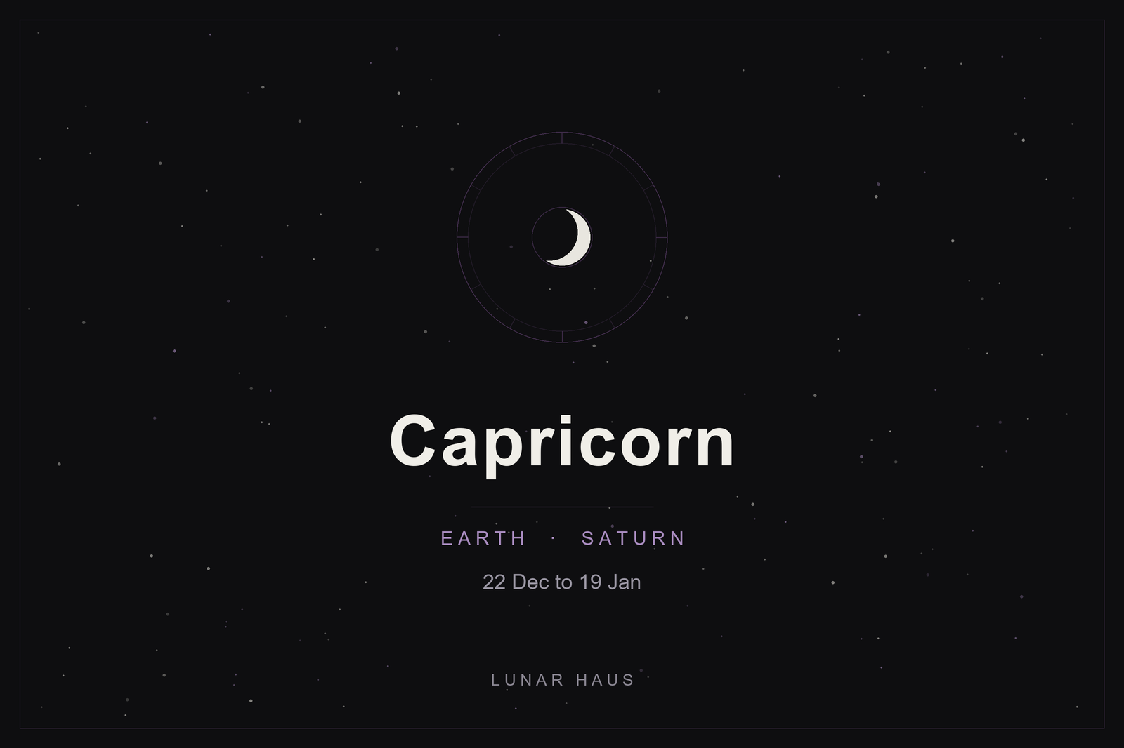 Capricorn star sign: the sea-goat's zodiac wheel and a crescent moon over a dark, starlit sky