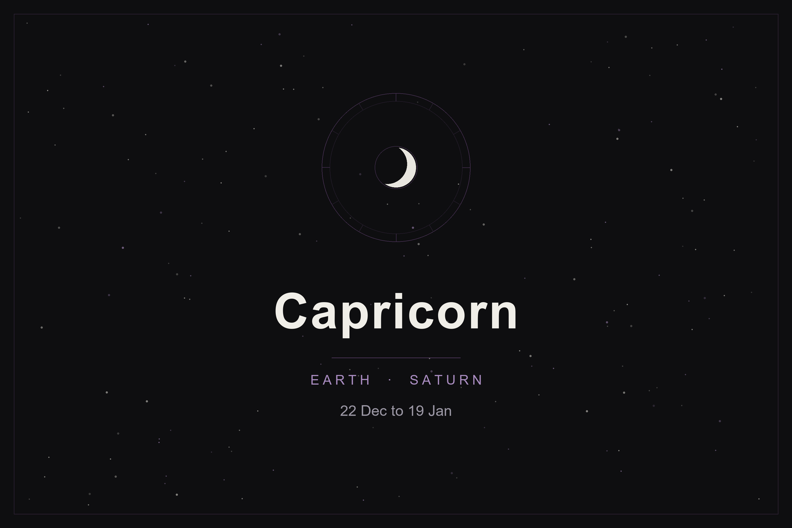 Capricorn star sign: the sea-goat's zodiac wheel and a crescent moon over a dark, starlit sky