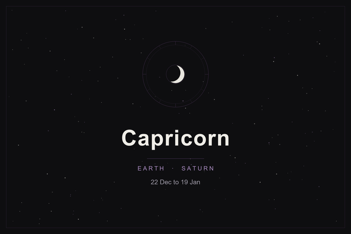 Capricorn star sign: the sea-goat's zodiac wheel and a crescent moon over a dark, starlit sky
