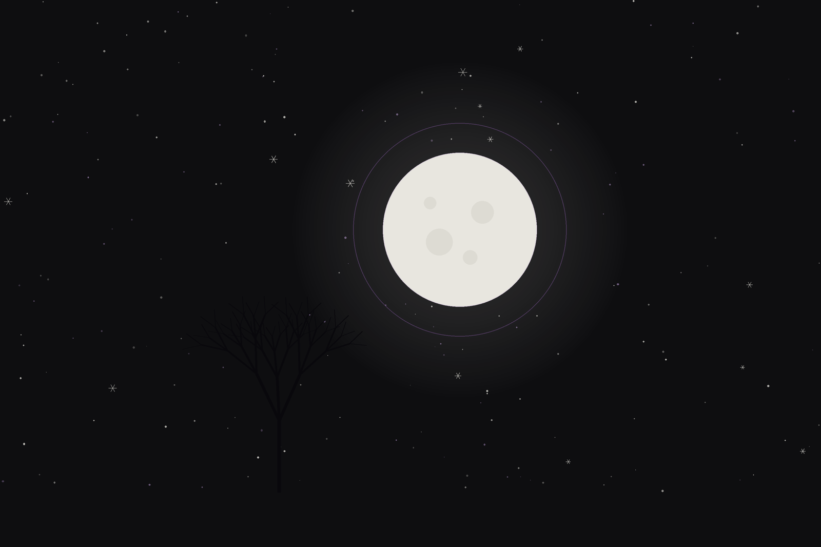 Cold Moon: a full moon over a bare winter tree with falling snow