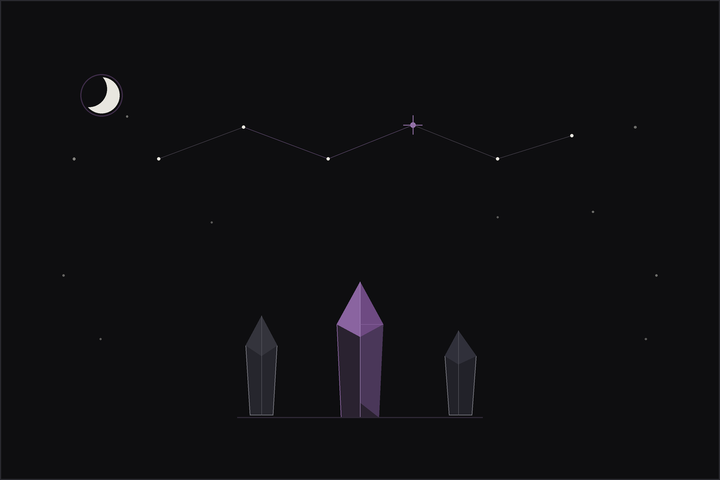 Crystal zodiac sign meanings: a row of crystals beneath a constellation of stars