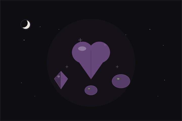 Crystals for love: a rose quartz heart with small plum stones on a dark flat lay beneath a crescent moon